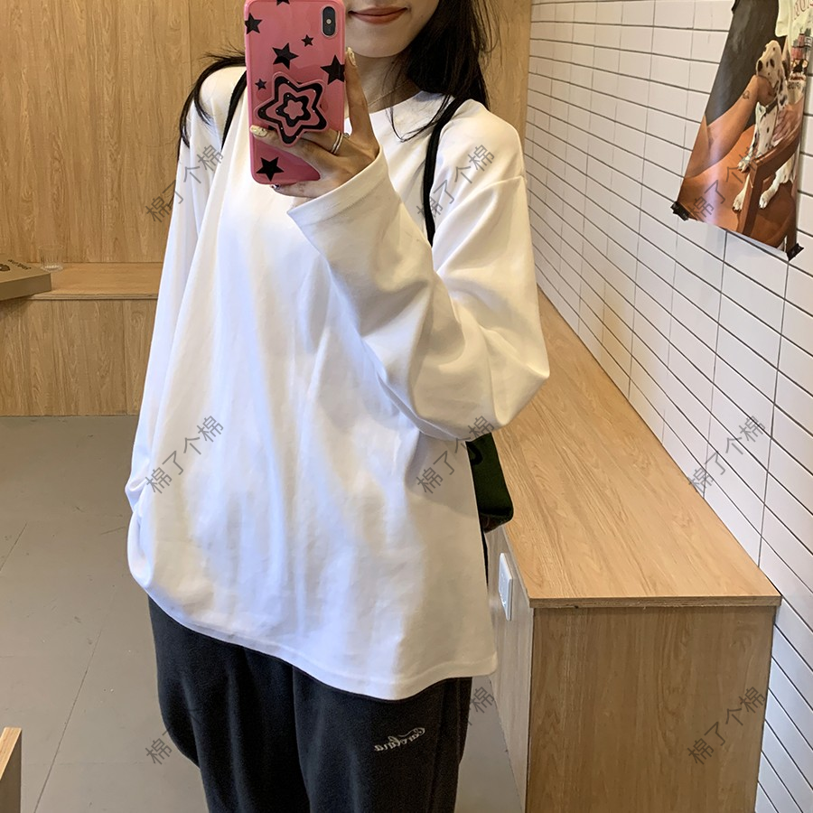 情侣款长袖圆领韩版纯棉T恤宽松白色内搭打底衫中长款春秋季长袖