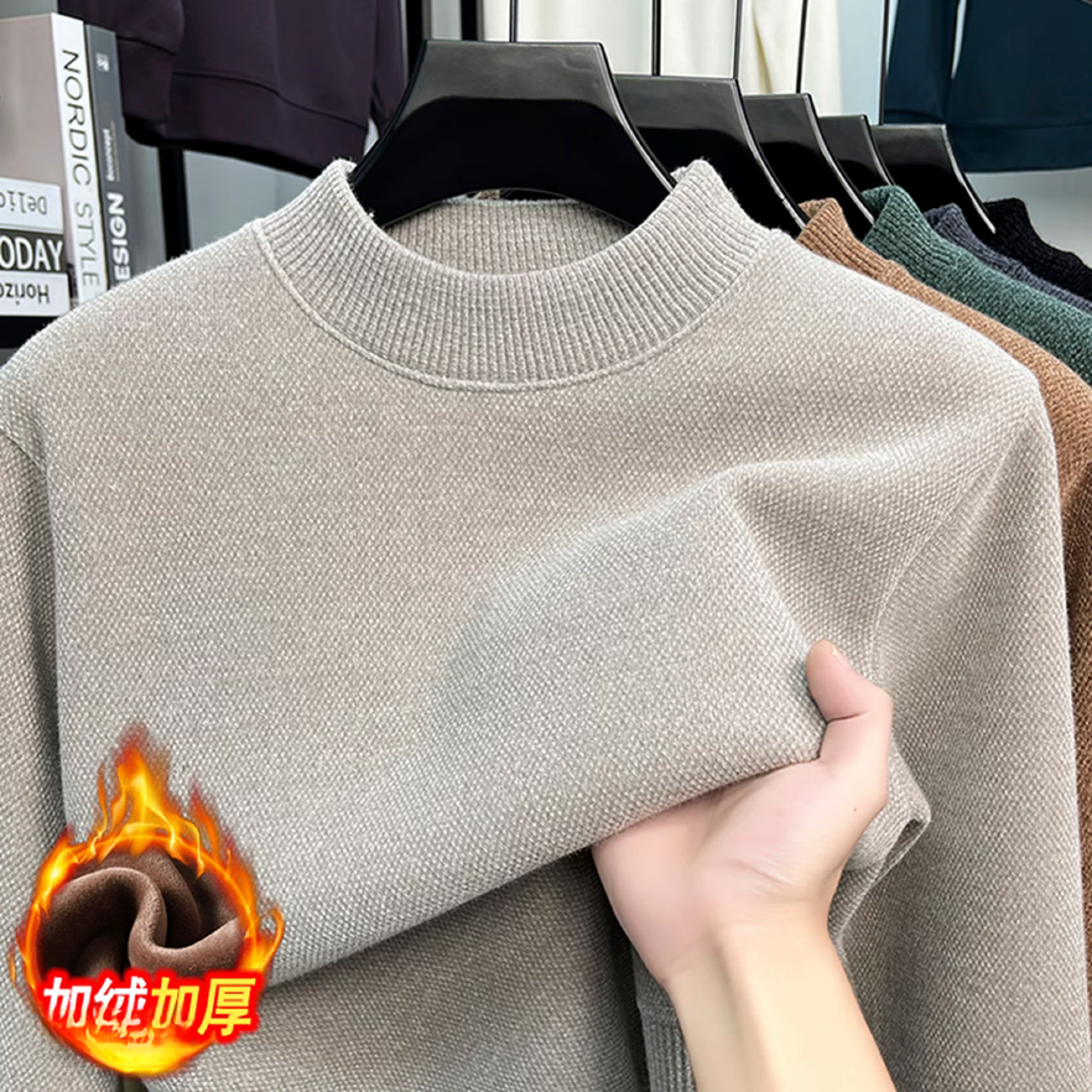 （一体绒）男女同款保暖毛针织加绒加厚套头修身毛衣标准秋冬半高领