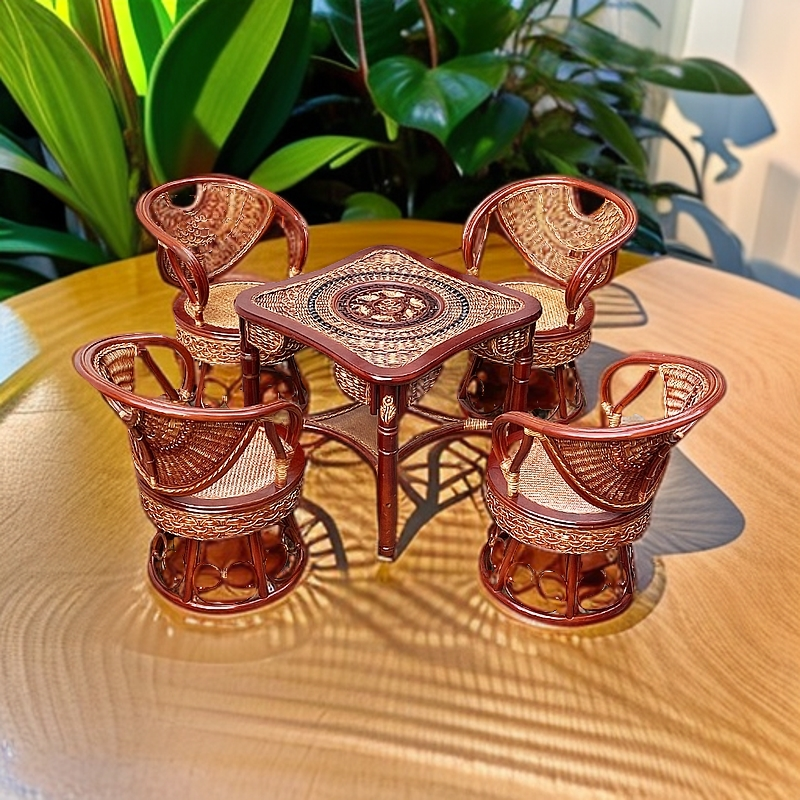 真藤手工编织公主转椅客厅家用茶桌椅五件套阳台桌藤编进口印尼藤