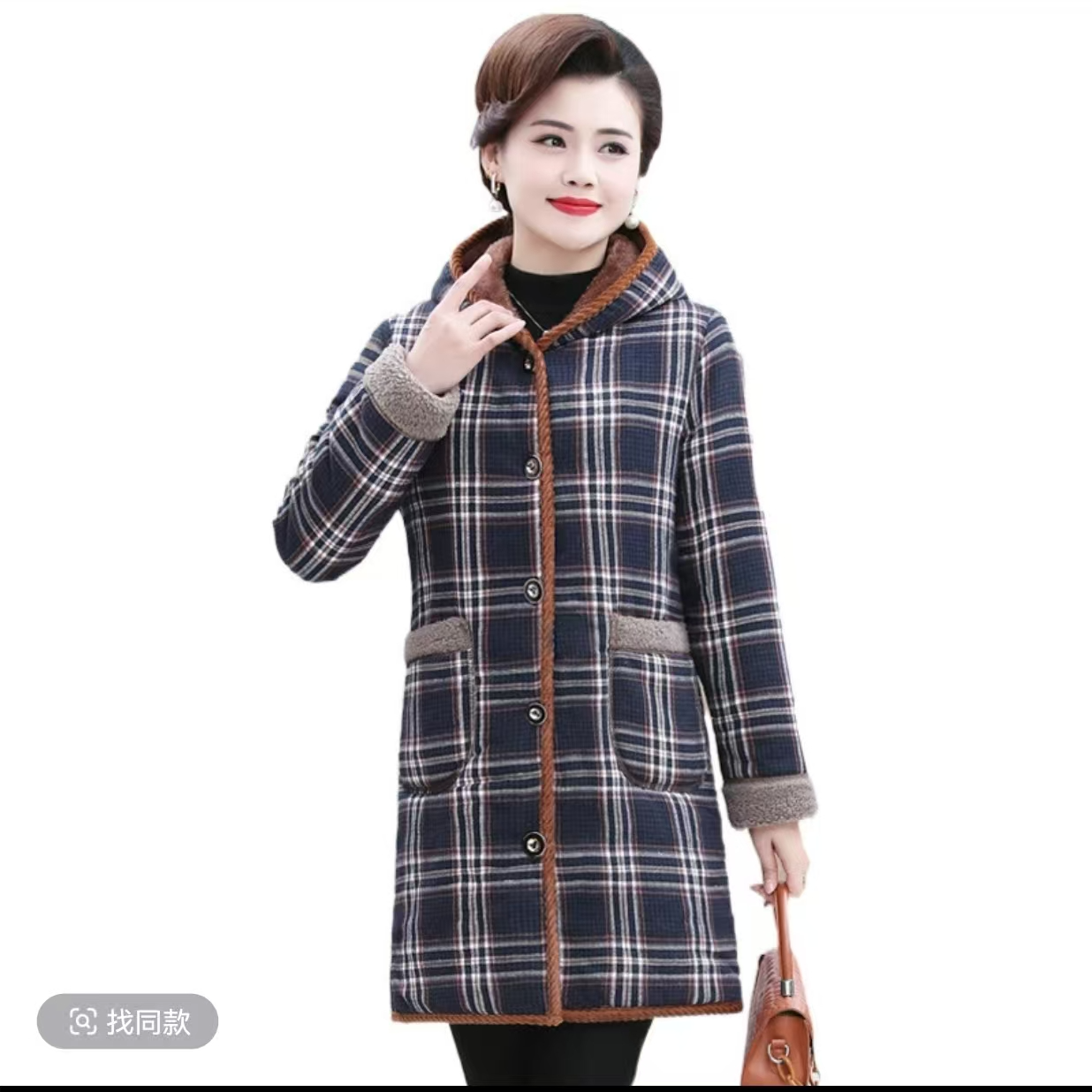 976-连帽女装飞飞袖时尚棉衣秋冬中老年中年加厚中长款棉服毛呢