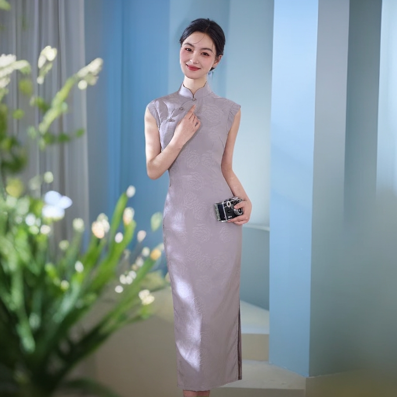 吴《丁香》衣长120夏季新款改良淡紫色双层显白气质少女年轻款旗袍