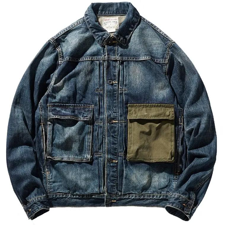 男士休闲水洗深靛蓝赤耳牛仔夹克宽松做旧拼接复古
