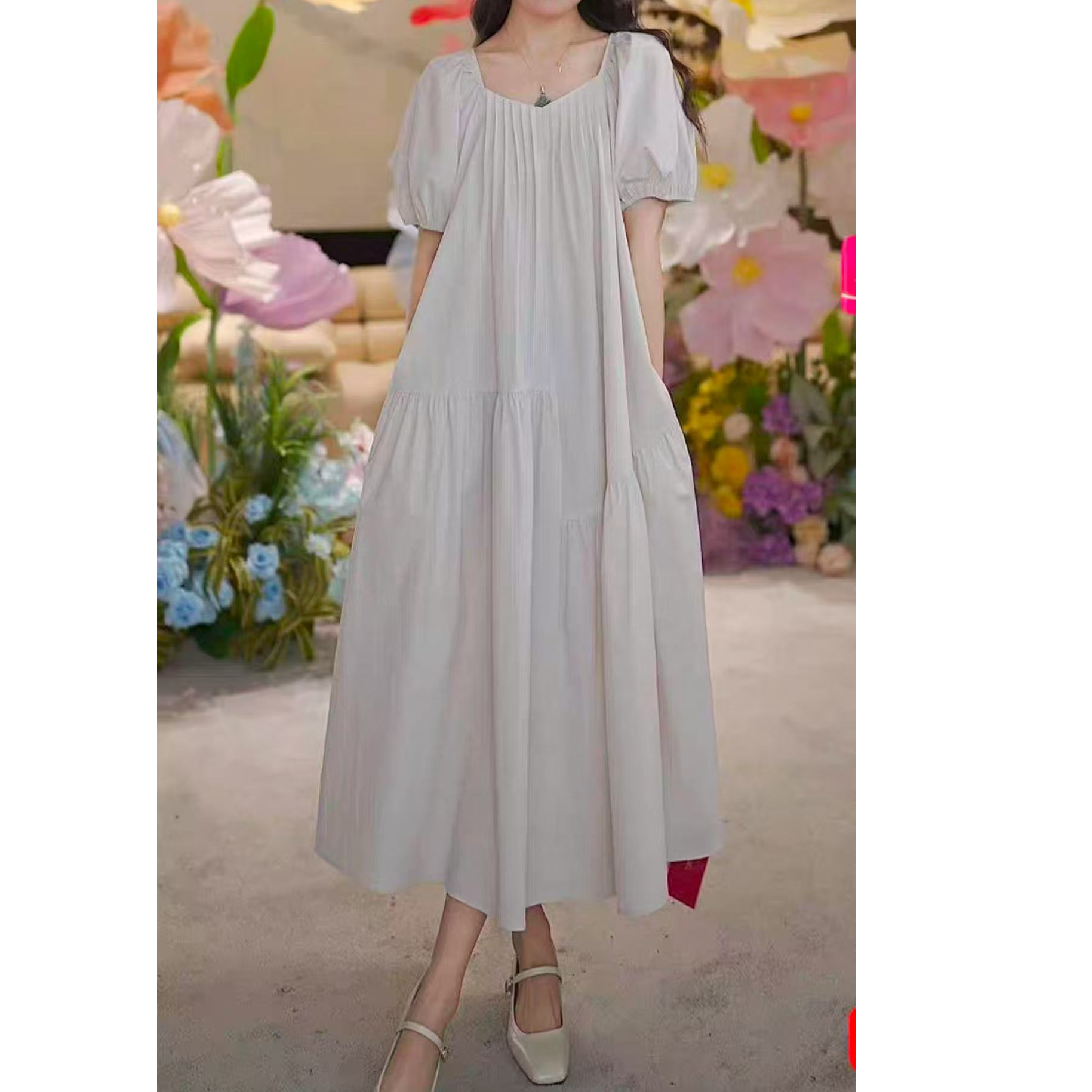 【锦衣服饰】雅151欧货设计感褶皱泡泡袖系带连衣裙