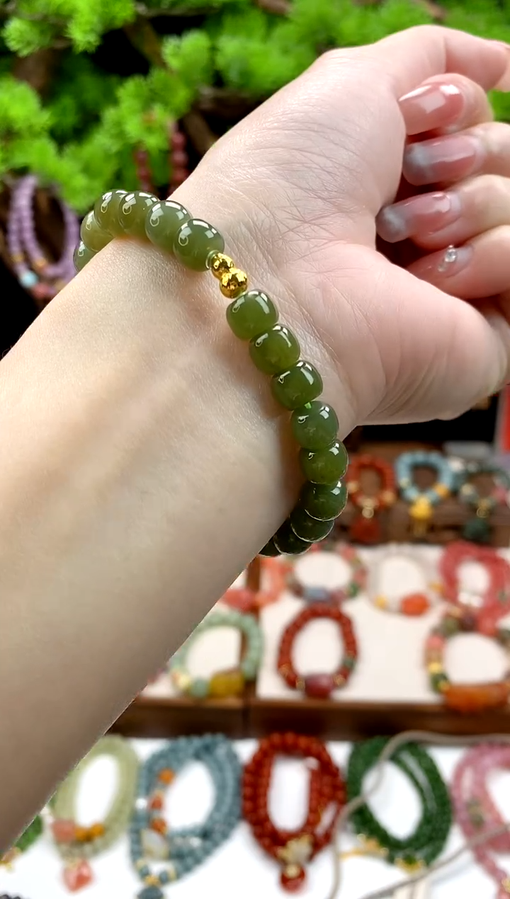 【闪购商品】和田玉手饰18K金镶嵌和田玉老型珠8mm