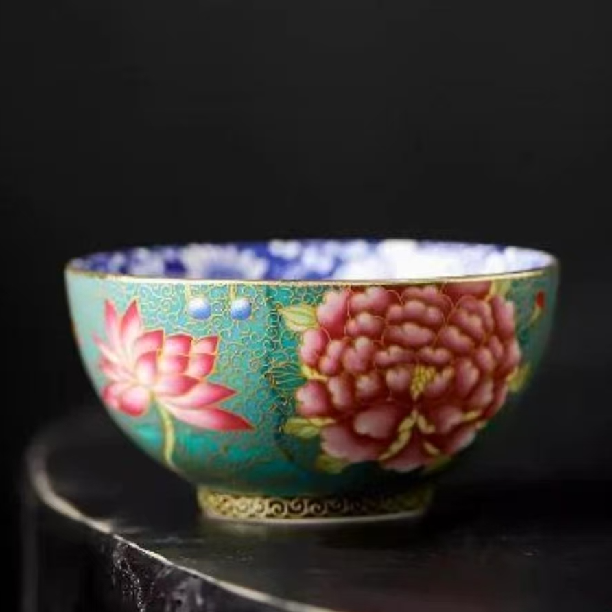C789-青花珐琅彩主人杯手工蓝色陶瓷手绘蝶恋花斗笠杯缠枝描金