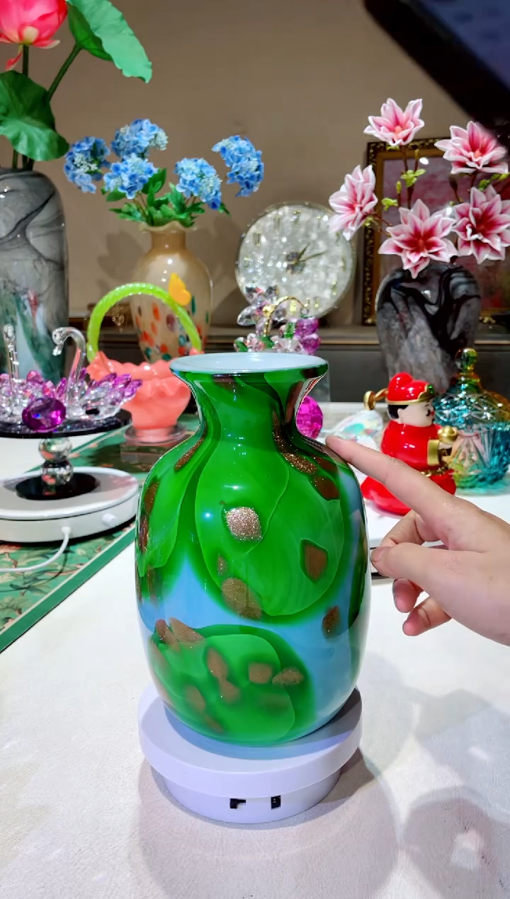 琉璃手工艺品绿蓝色撒金花瓶