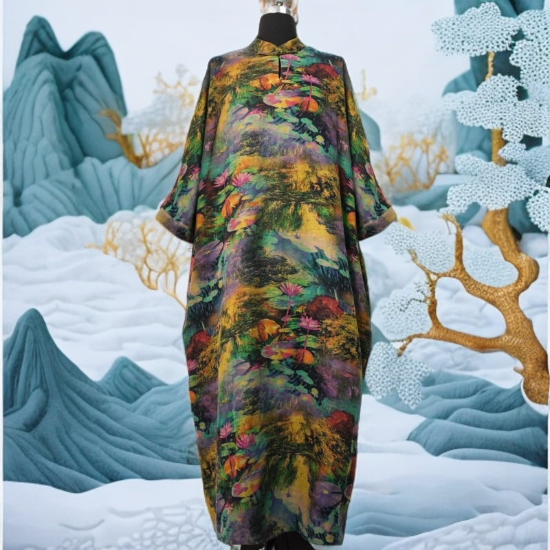 XN 2025 新款葡萄泥厚绢荷塘月色提花中式盘扣大袍子连衣裙 783