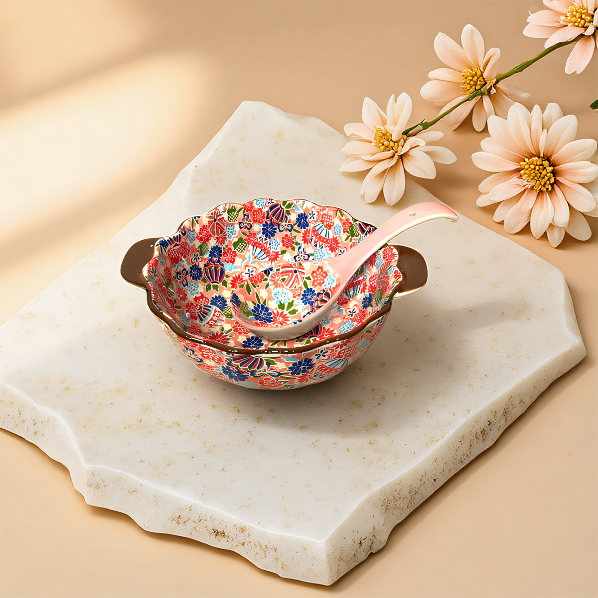 四季繁花星辰陶瓷9.8英寸双耳大汤碗配汤勺