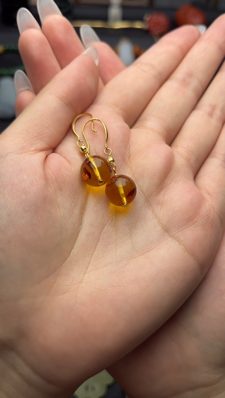 琥珀银S925镶嵌耳饰圆珠耳钩