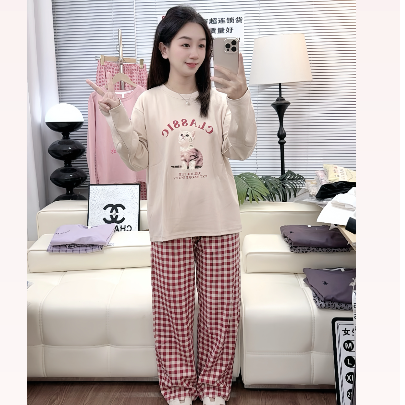 秋冬女士加厚双面棉（长袖长裤）柔软家居服休闲风可外穿格子