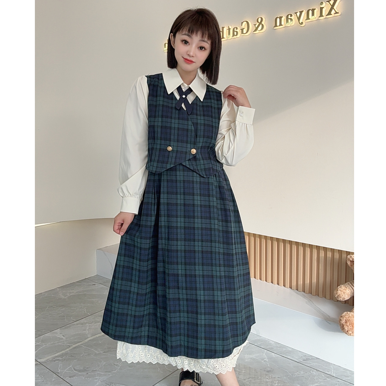 【鑫焱甄选】衬衫裙连衣裙学院风不褪色背带裙拼接假两件秋季