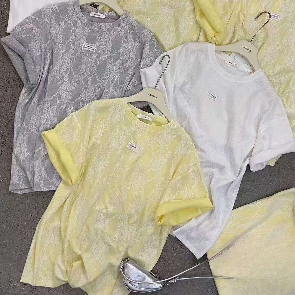 【RRSIFU蓉蓉私服】XS2352时髦拼接蕾丝字母贴布短袖T恤宽松休闲