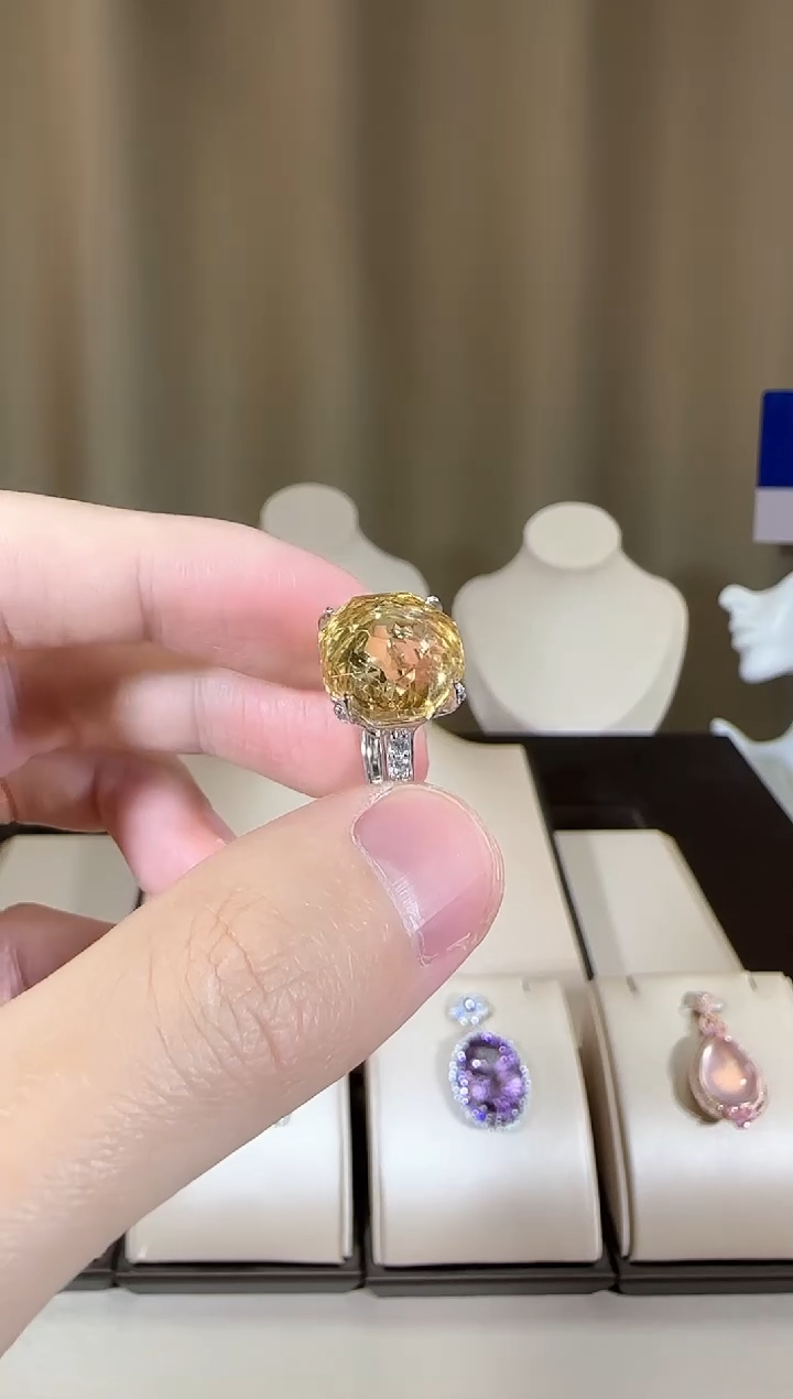 【闪购商品】黄晶戒指银S925镶嵌12mm