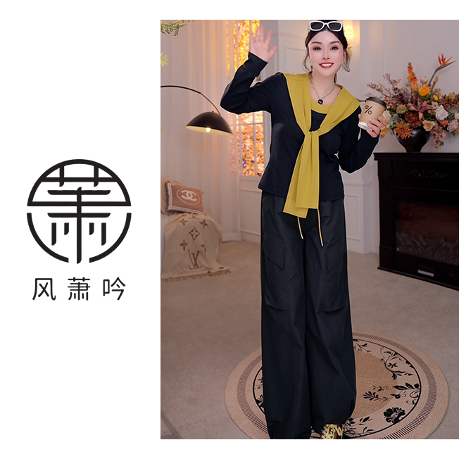 【风萧吟】大码女装时尚洋气显瘦披肩上衣工服裤子三件套装FXY353
