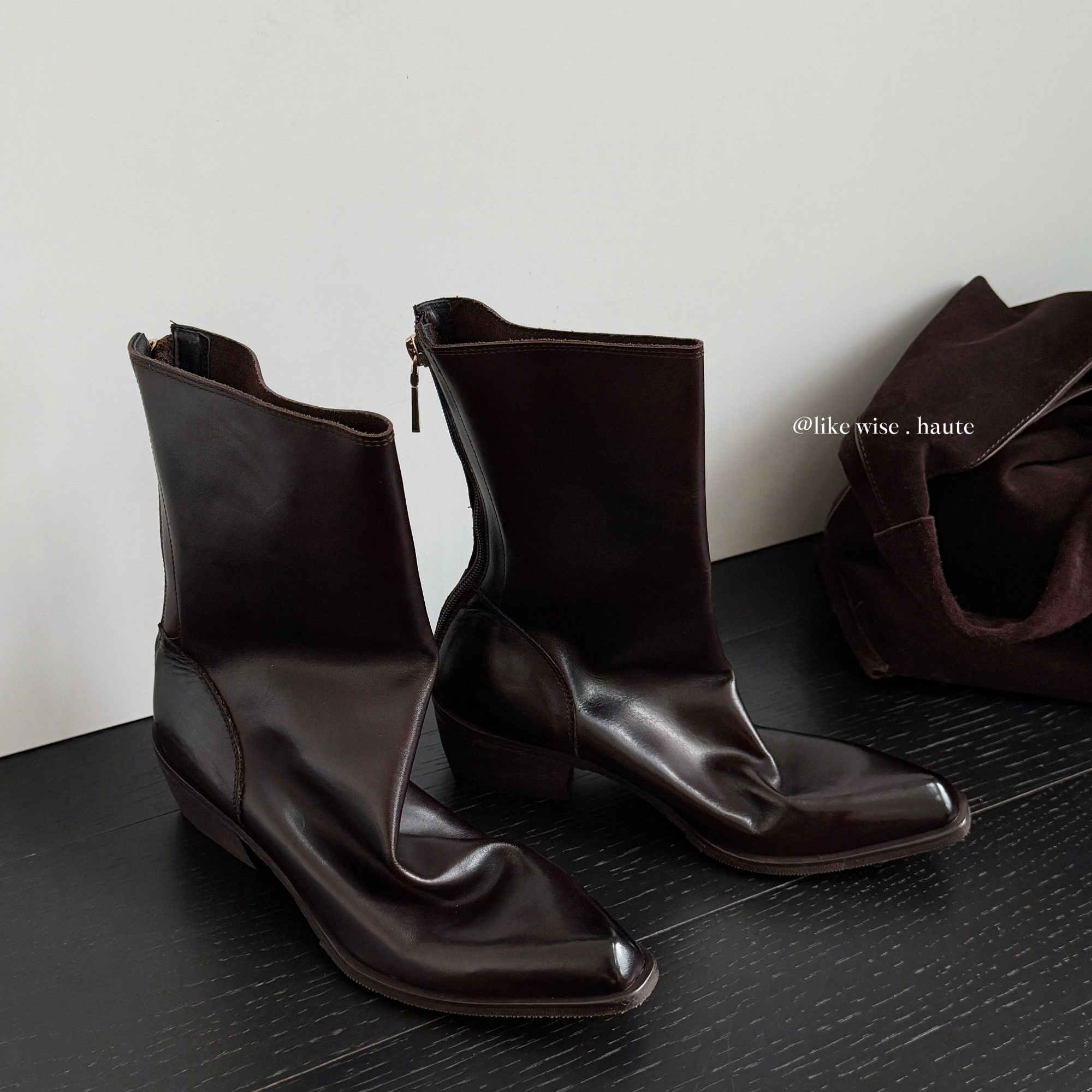 LIKE WISE HAUTE ·5cm小尖头粗跟短靴复古百搭后拉链真皮时装靴