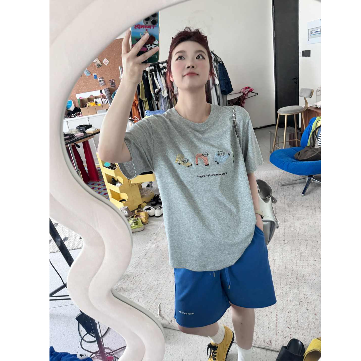 晶咕【运动分子】裤脚刺绣贴标全松紧高腰阔腿五分短裤