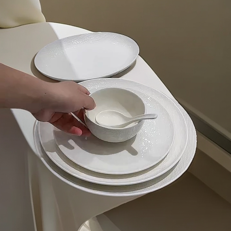 麻布纹新骨瓷5件套-zb家用简约珍珠白轻奢日式陶瓷餐具饭碗碟盘