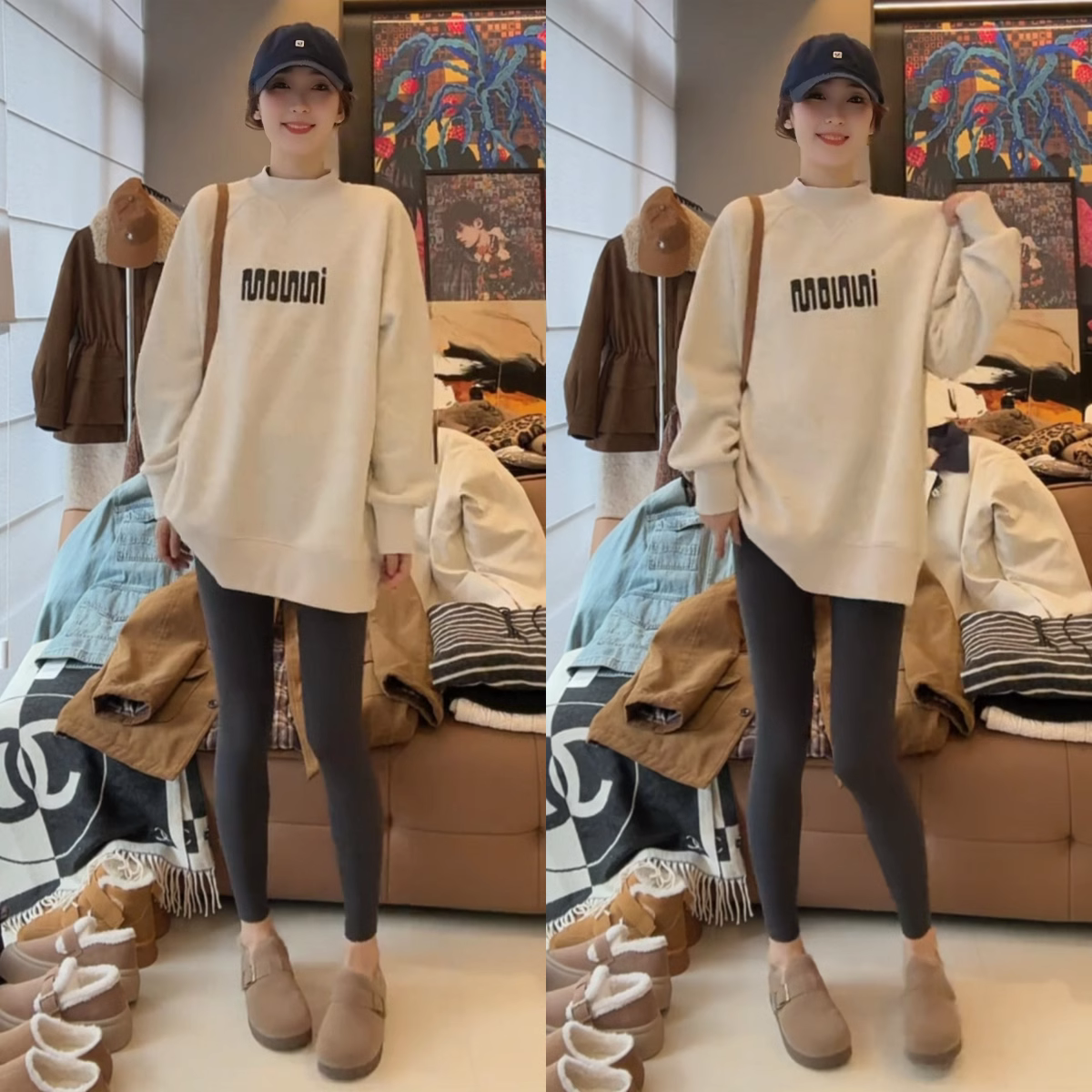 欧货时尚字母印花加绒加厚长袖卫衣女冬季小个子半高领中长款上衣