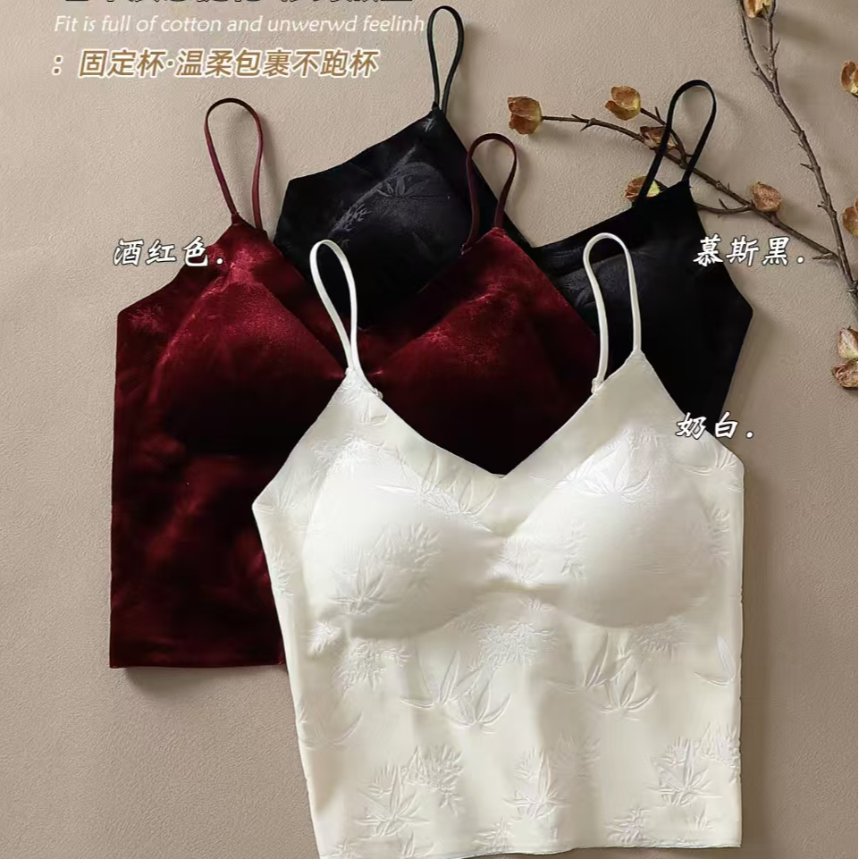 【哲哲家】美背国风丝绒印花一体杯V领吊带秋冬内搭性感修身新款
