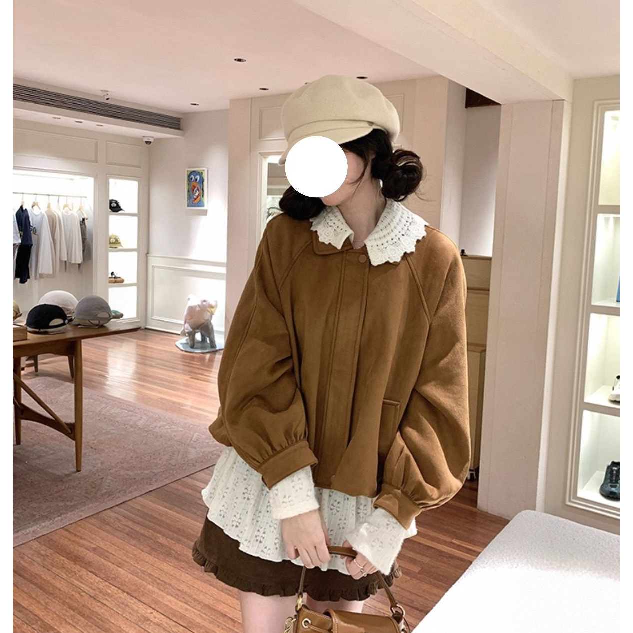 复古棕色美拉德花边领麂皮花苞外套女秋季设计感宽松短款夹克上衣