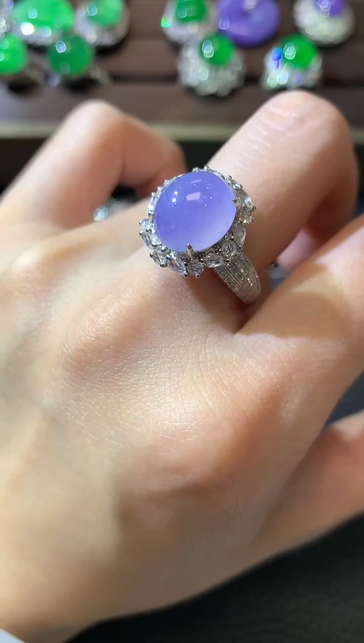 【闪购商品】翡翠戒指18K金镶嵌D80翡翠紫货有一定色差