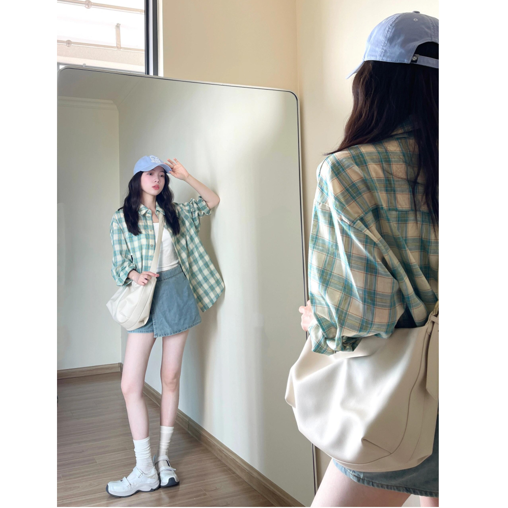 薄荷绿色格子外套衬衫女2025秋季设计感小众衬衣宽松长袖上衣时尚