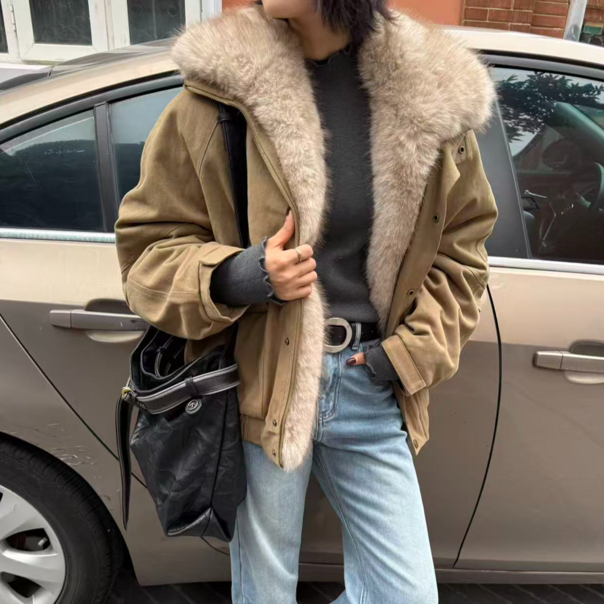 【逸语服饰】2025冬季ins潮加绒加厚保暖外套(配可拆卸毛仿毛毛领)