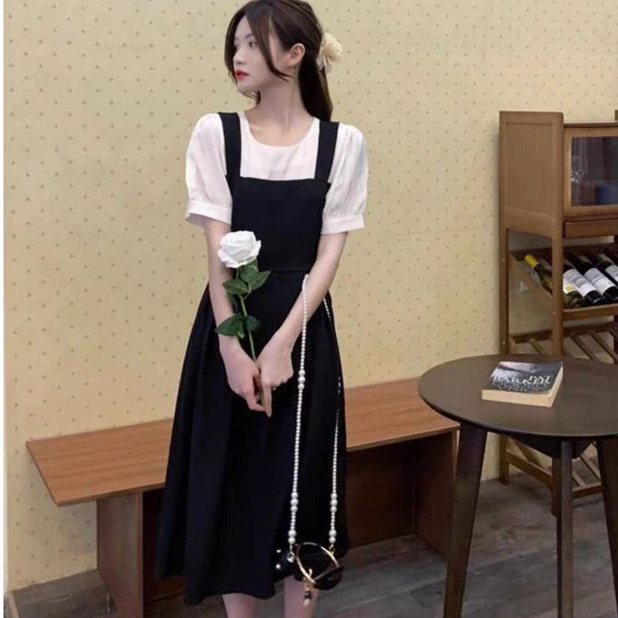 大码女装连衣裙夏季新款假两件胖MM遮肉显瘦中长款小黑裙