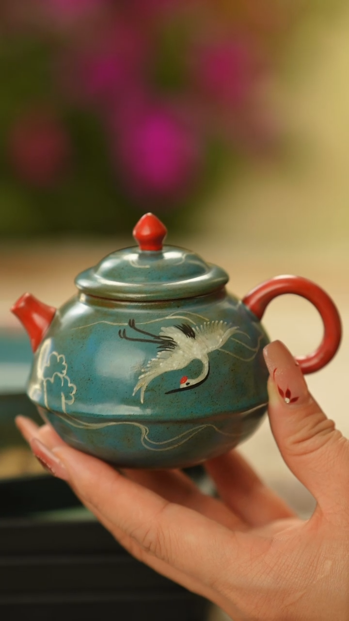 【闪购商品】茶壶陶泥蓝地手绘仙鹤 红顶