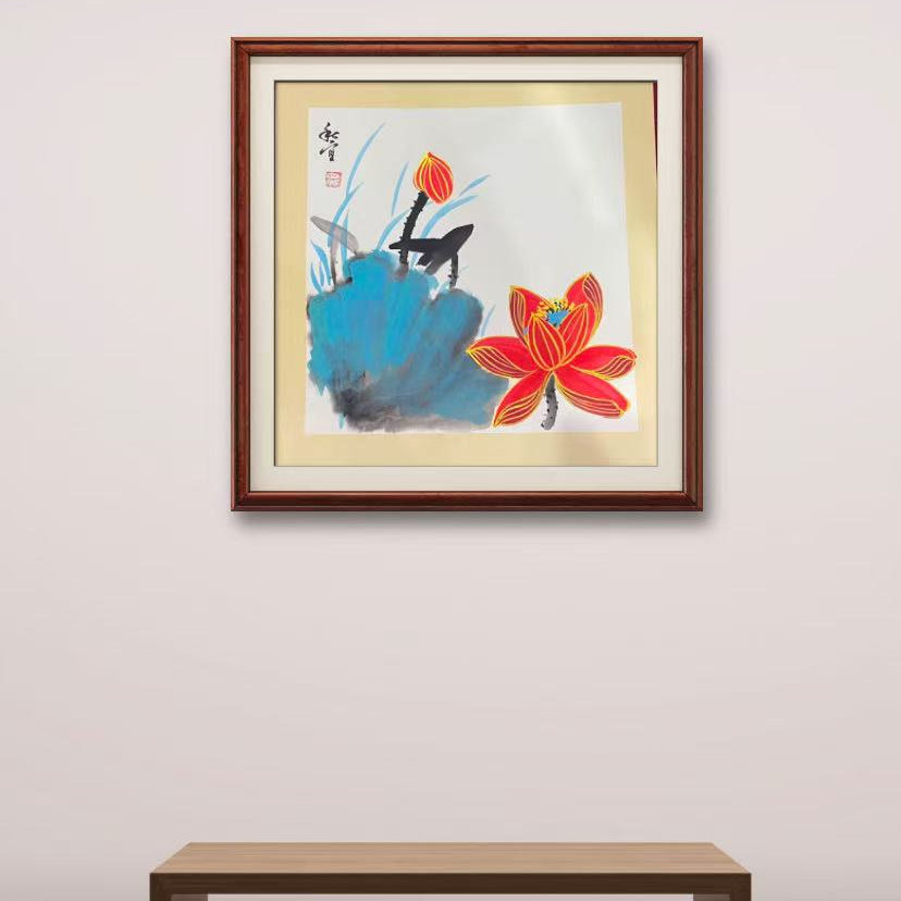 巴金鑫 纯手绘【荷花】50CM*50CM 卡纸合作书画作品