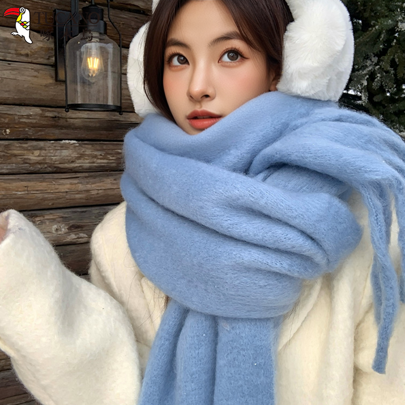 啄木鸟2025新款蓝色纯色围巾女秋冬季高级氛围感加厚情侣围脖披肩