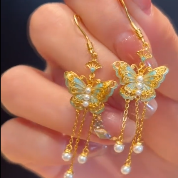 铜合金耳饰 幽梦蝶生复古流苏耳饰蝴蝶翩翩起舞时尚耳环古风国风