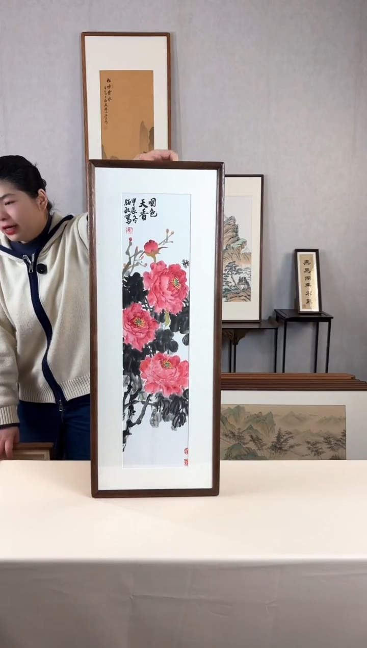 【闪购商品】国画手绘*牡丹*28*72cm实木框