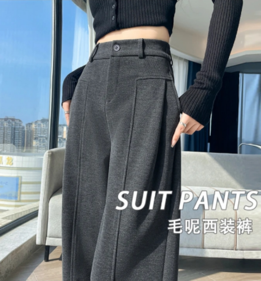 加绒毛呢阔腿裤女款2025新秋冬季弯刀裤休闲加厚灰色西装裤子