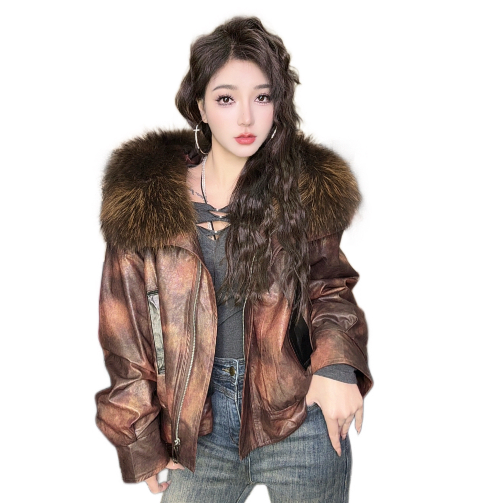 8516咖色晕染工艺毛领可拆常规款宽松型女厚款直下摆短外套时尚