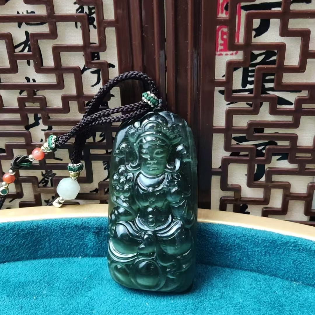 和田玉碧玉猫眼观音吊坠