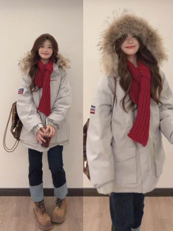 Ootd 好韩！黑金款大毛领定格棉工装派克棉服男女宽松棉袄毛领