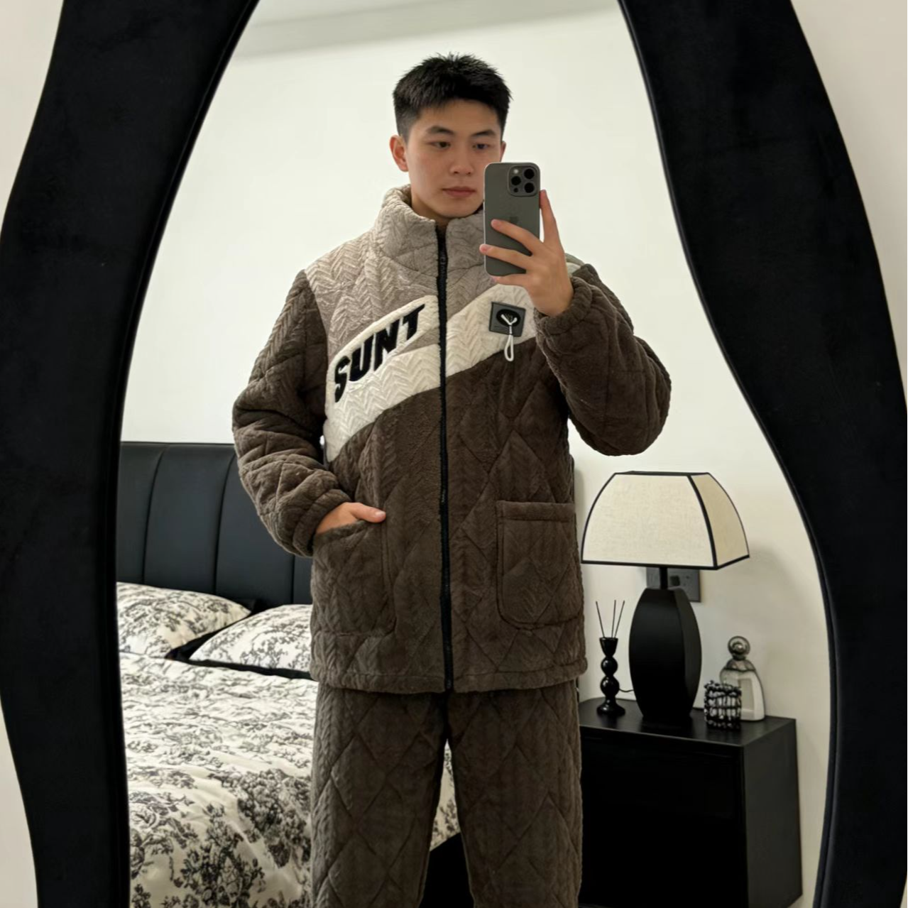【0233棕咖SUNT】保暖加厚连帽家居服套装男款睡衣冬季纯色字母立领