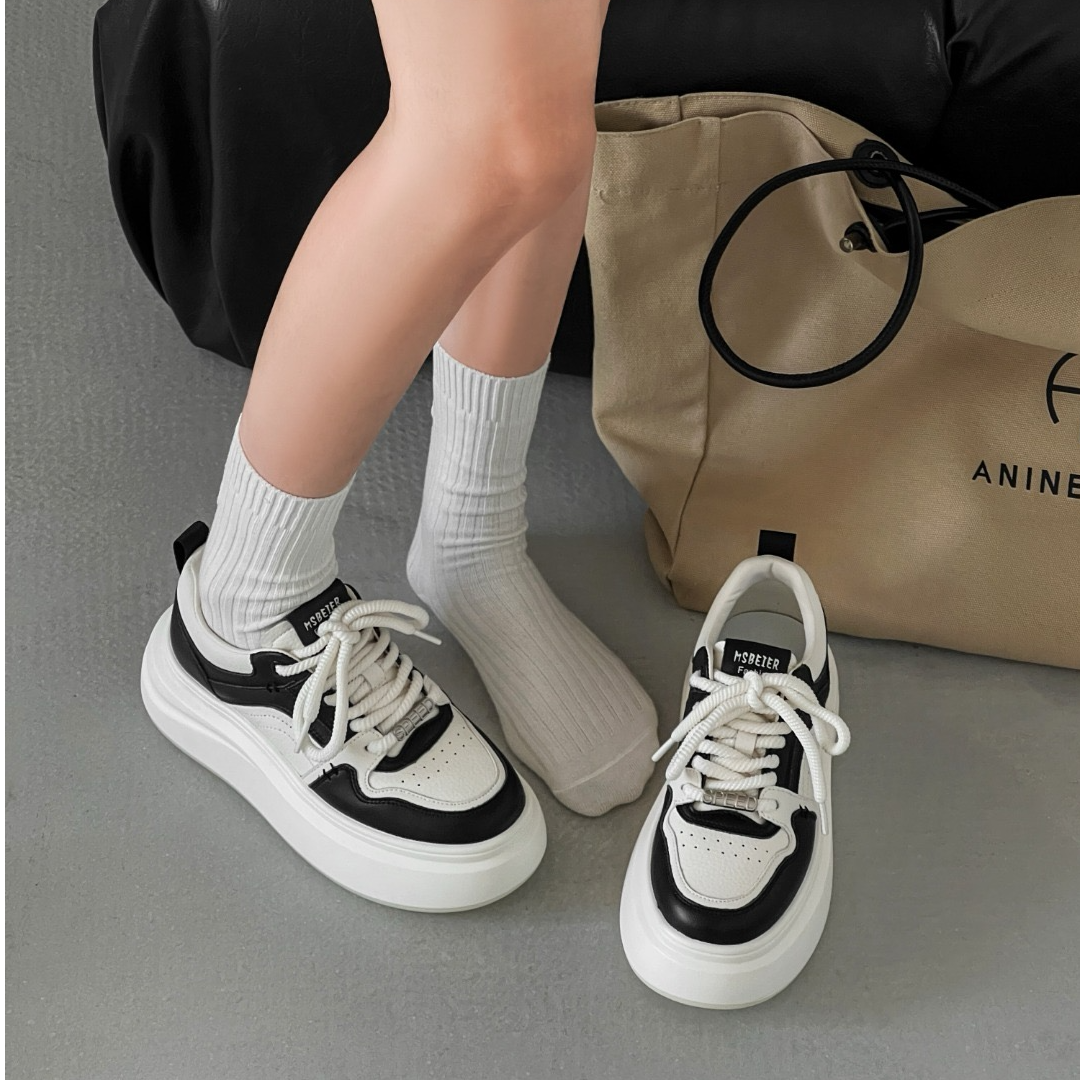 韩版真皮小白鞋子女2025春季新款厚底圆头系带休闲鞋MSBE  1-6101