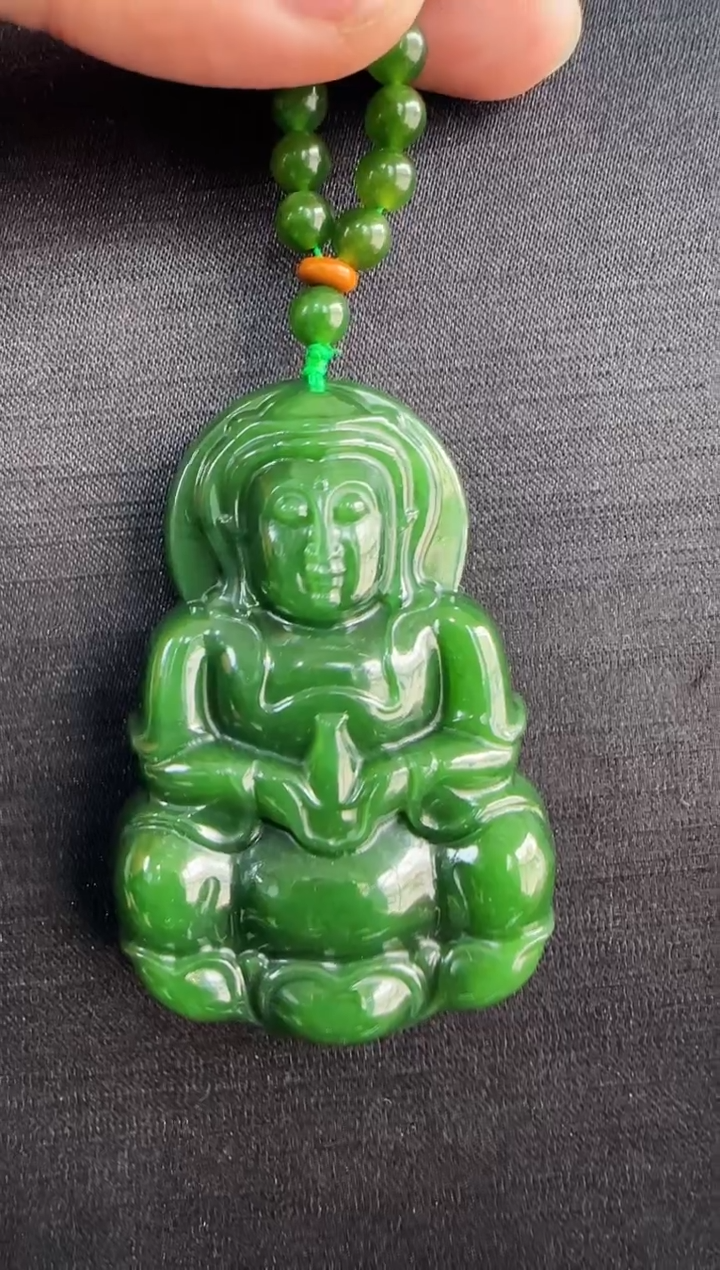 【闪购商品】和田玉吊坠未镶嵌俄七菠菜绿观音吊坠
