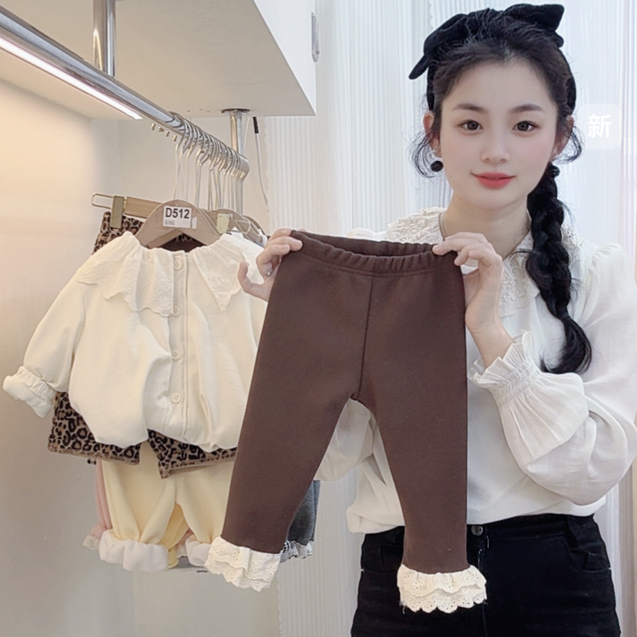 冬季新款舒适花边咖色加绒打底裤女宝宝可爱裤子蕾丝打底裤
