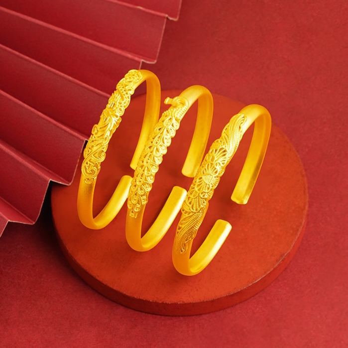 足金999孔雀龙凤手镯开口牡丹手环