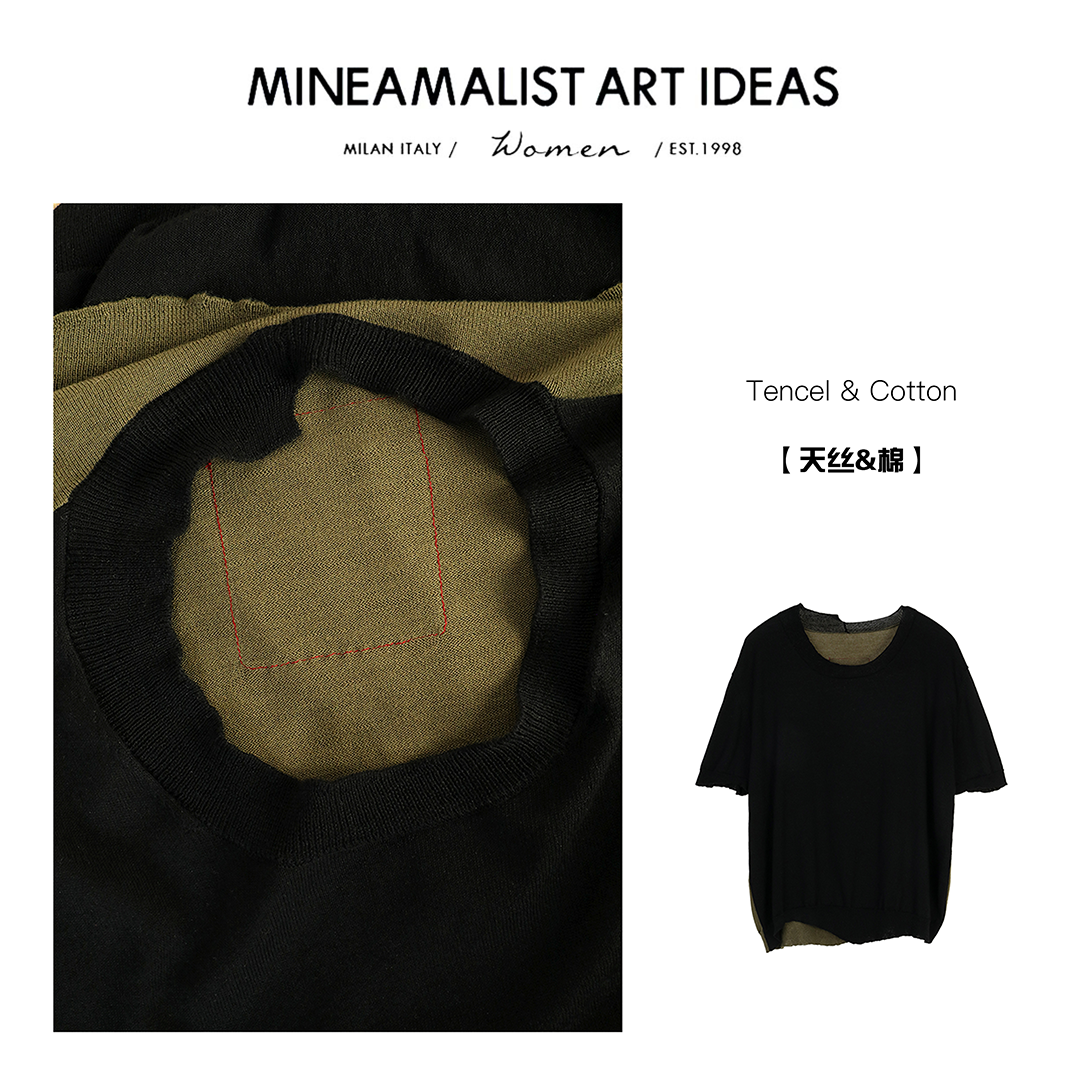 MINEAMALIST ART IDEAS不规则圆领UMA针织拼色半袖上衣ZY963