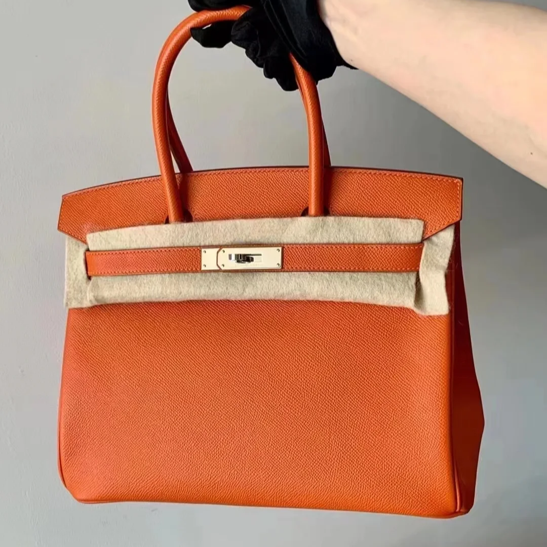 99新 Hermes/爱马仕 小花6欢 birkin 30 爱马仕橙 ep皮框Q 银扣包