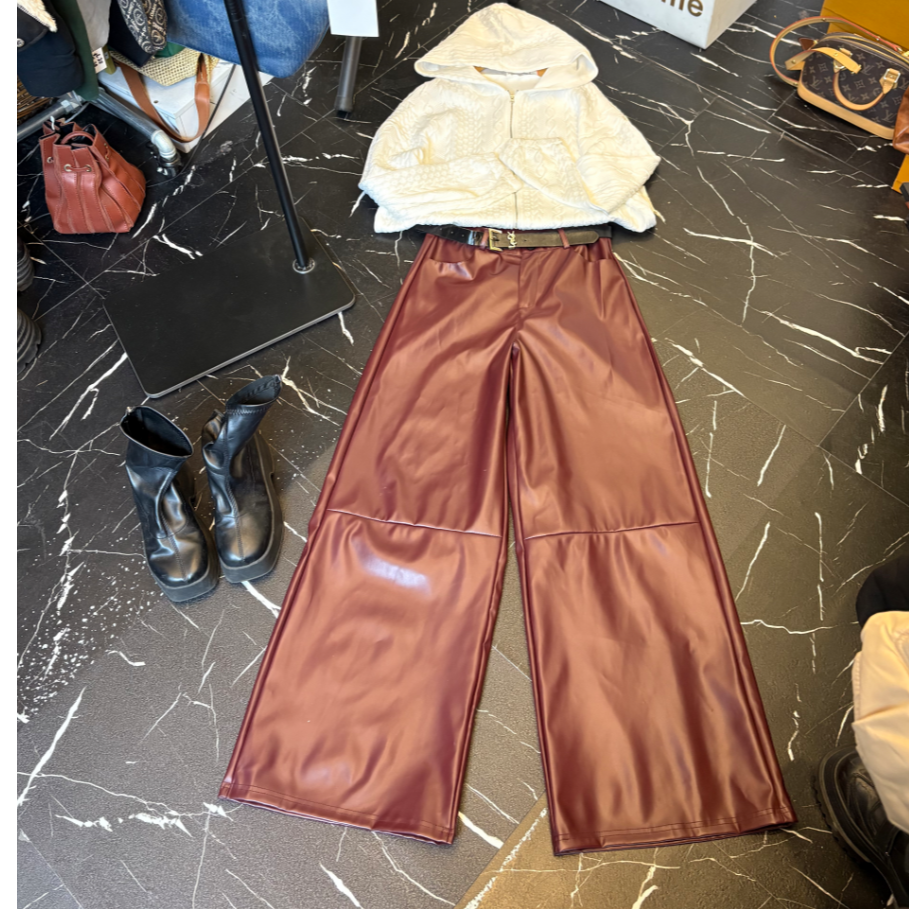 D25 122812 【送重工腰带】新款高腰皮裤阔腿裤女休闲裤加厚长裤