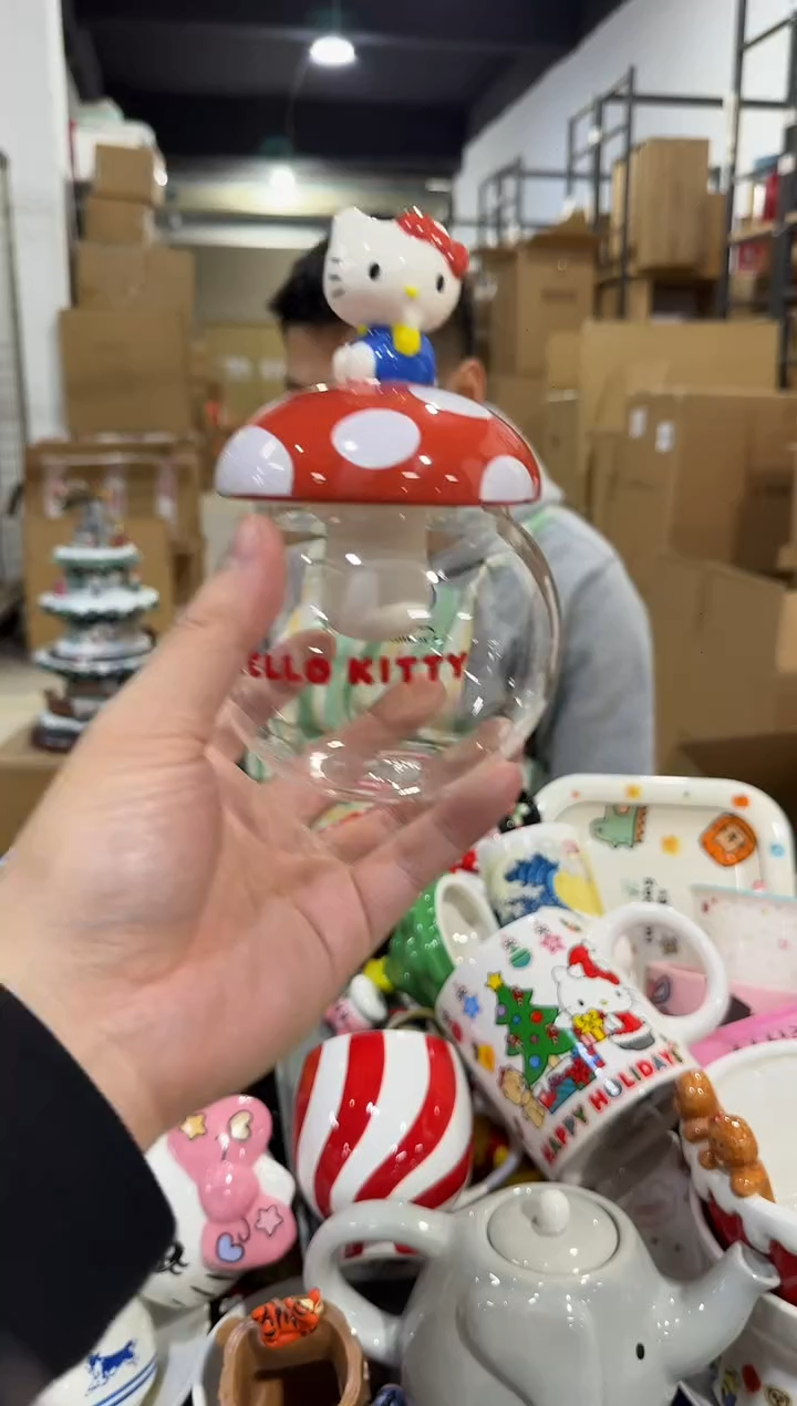 瓷片原盒kt猫蘑菇玻璃带盖罐