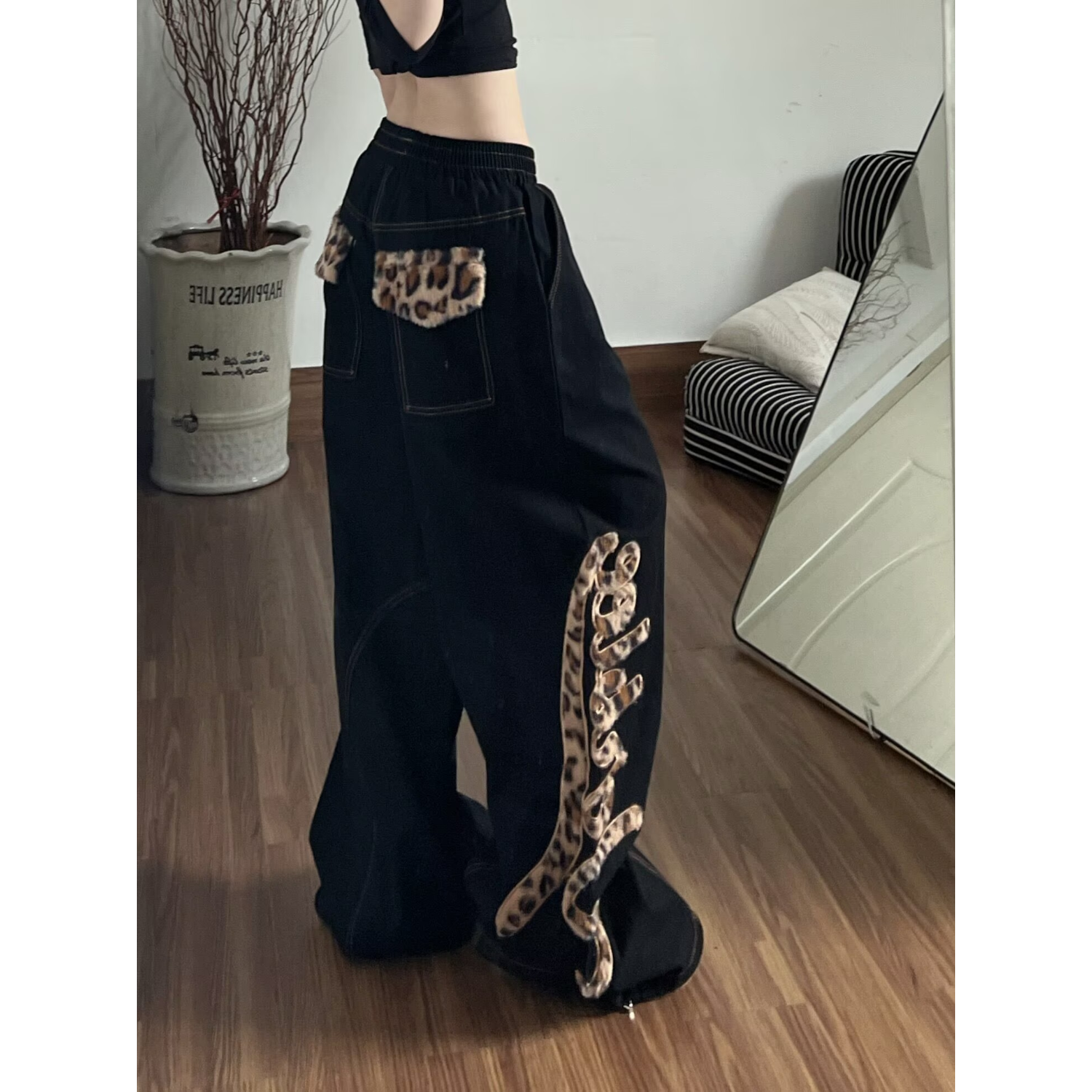 美式小众设计感豹纹刺绣牛仔裤男女复古宽松bf慵懒风阔腿拖地裤子