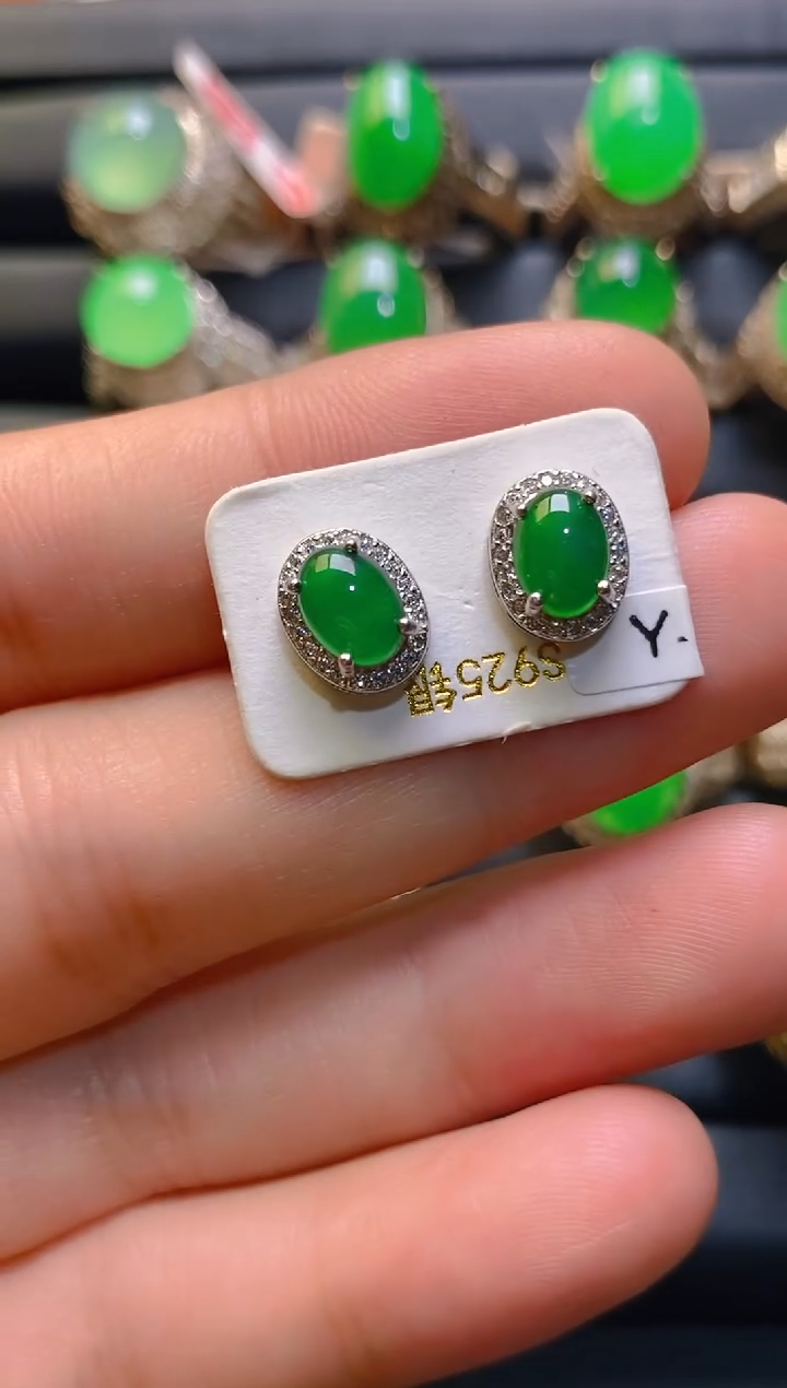 【闪购商品】翡翠耳饰银S925镶嵌天然A货翡翠1