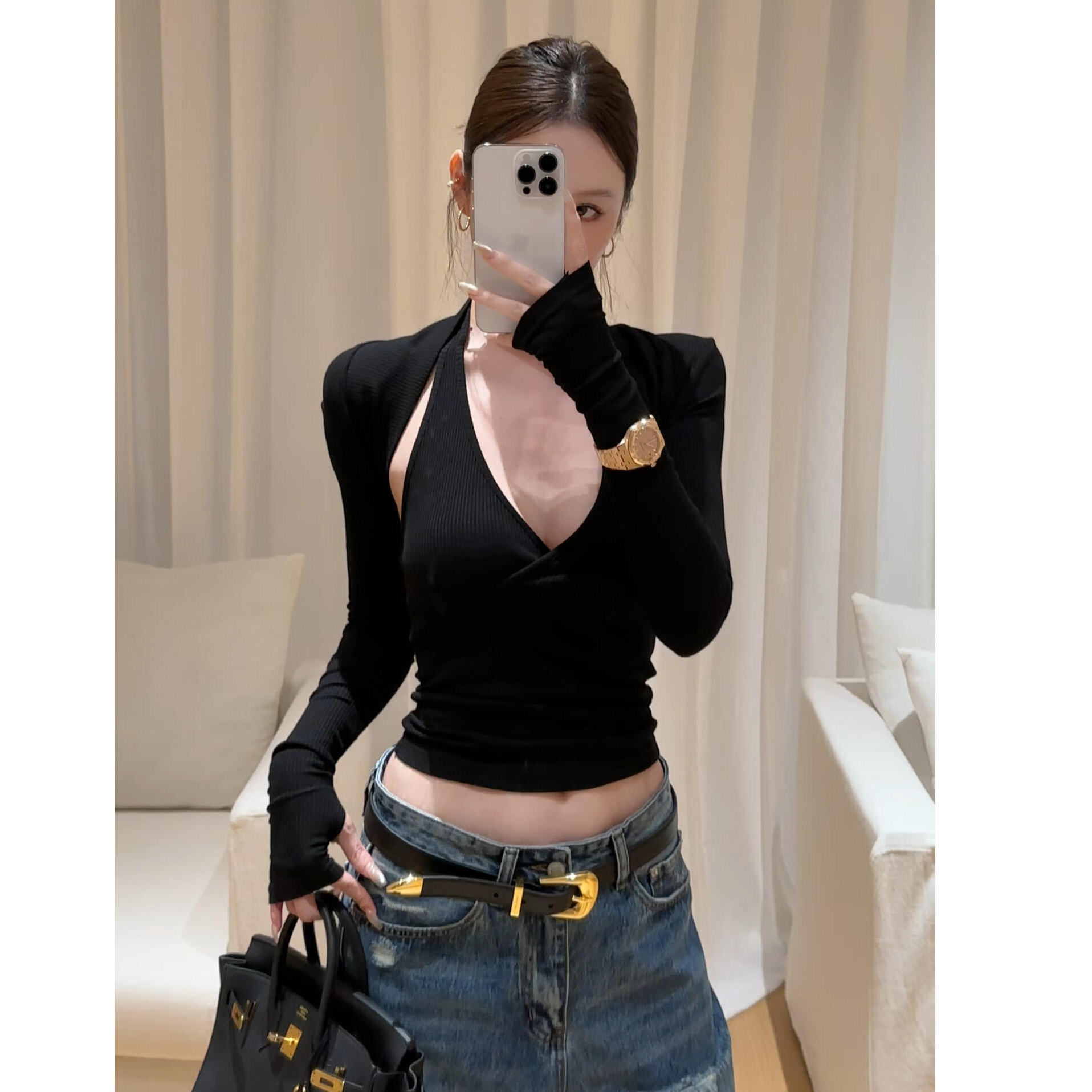 2025春秋新款韩系气质纯欲辣妹挂脖吊带背心上衣搭高腰牛仔裤套装