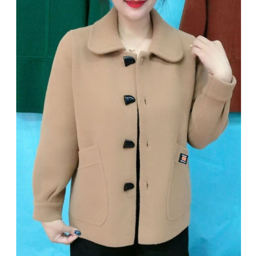 P2025新款妈妈装仿双面尼外套洋气牛角扣方领开衫百搭中年上衣女